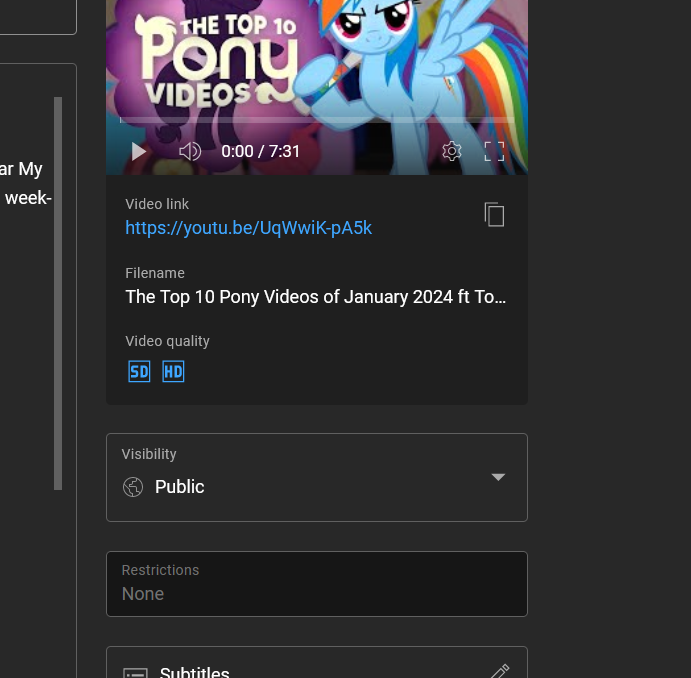 Good news! After being blocked, having the appeal rejected, a strike issued on my channel, a DMCA counter notification sent, down for 23 days: The Top 10 Pony Videos of January is back! No thanks to Hasbro, who seems to be claiming/striking/blocking things without much thought.