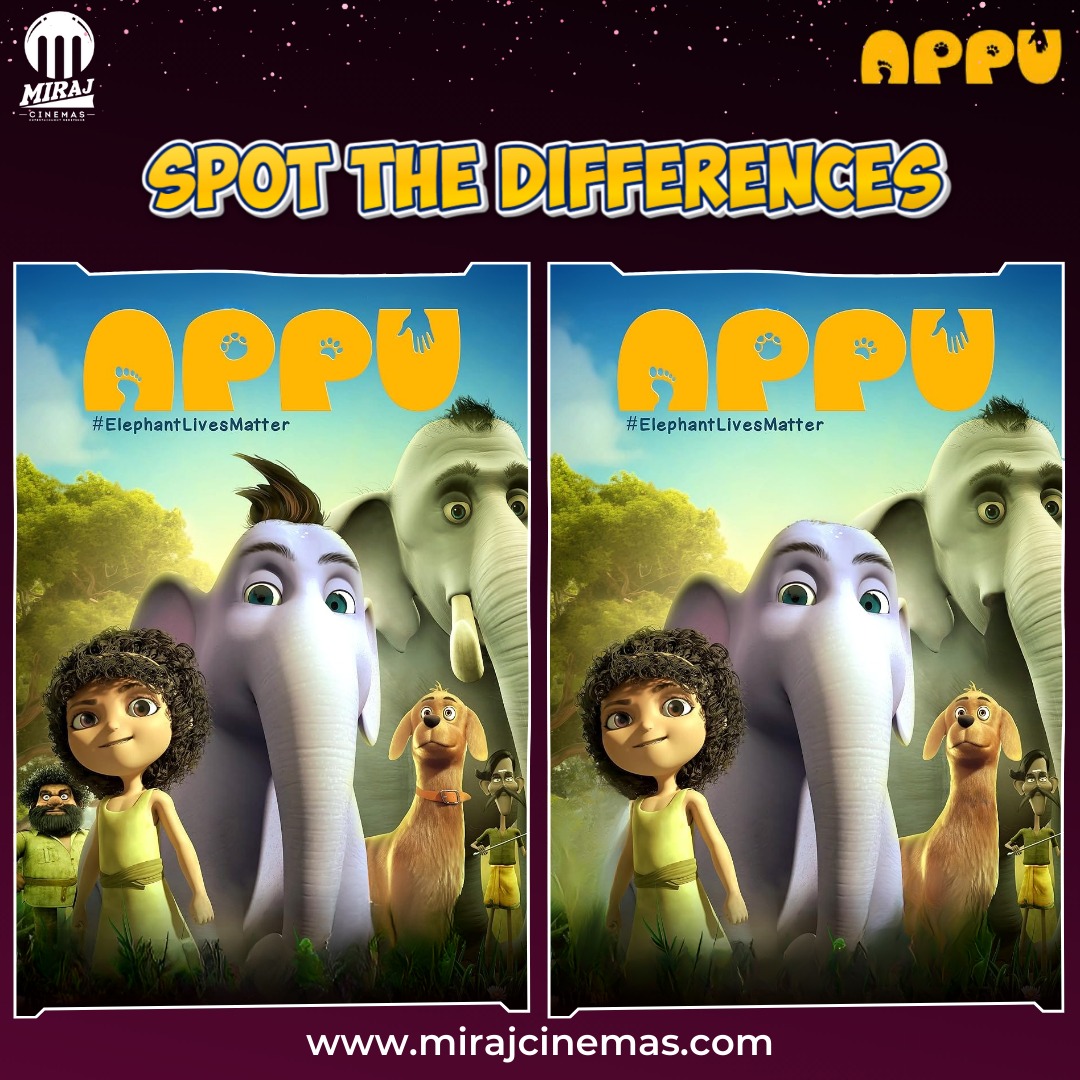 Spot the sneaky changes! Are you ready for a game of 'Spot the Difference'? 🔍 . Drop your answer in the comments below. . #Appu now playing at #Mirajcinemas. Book your tickets: mirajcinemas.com #AppuSeries #AppuElephant #KidsMovie #SummerVacationPlans #ElephantMovie…
