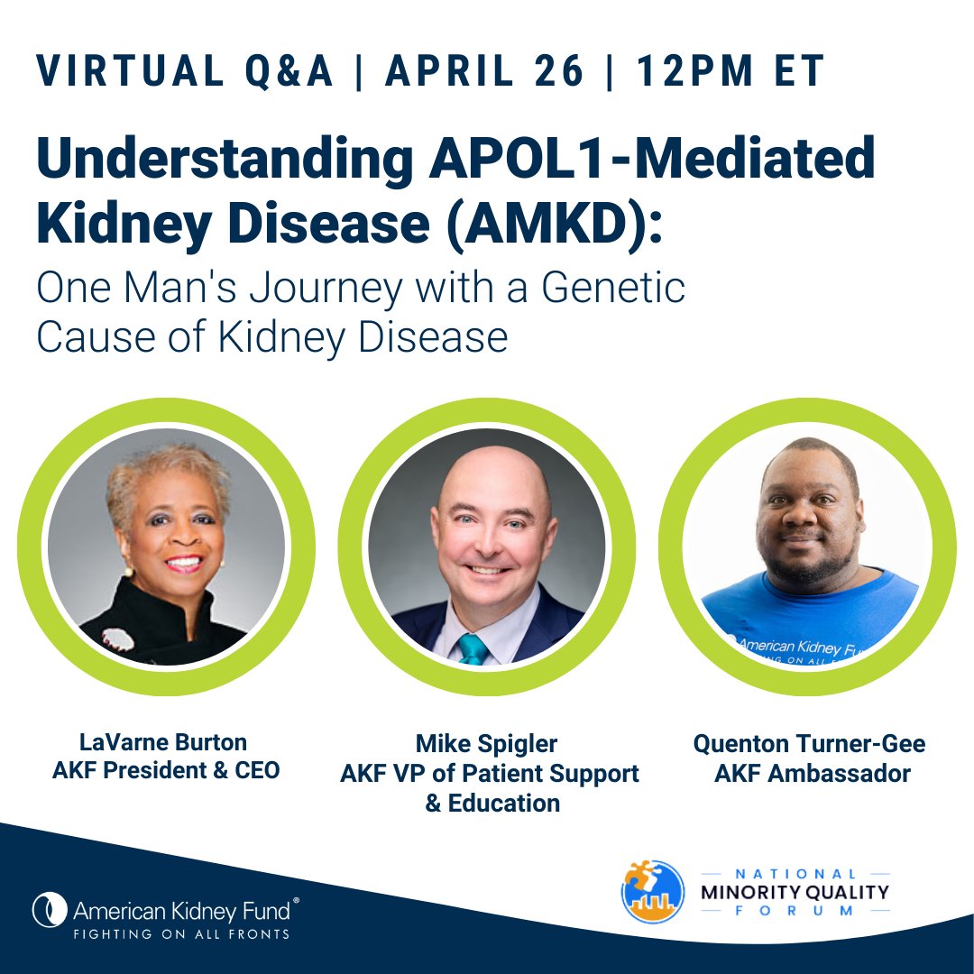 Join AKF President & CEO LaVarne Burton and AKF VP of Patient Support & Education for a Q&A with AKF Ambassador Quenton Turner-Gee about his experience living with AMKD. Attend today's @NMQF webinar at 12PM ET: bit.ly/3UCc9xS