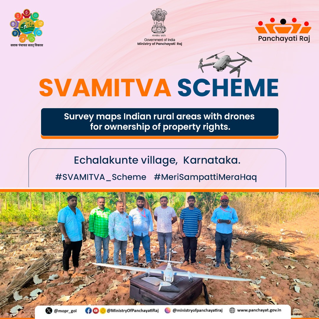 #SVAMITVA_Scheme takes flight in #Echalakunte village, #Tumakuru district, #Karnataka. It empowers citizens to leverage their property as a financial asset for loans and other benefits in rural India. #स्वामित्व_योजना #MeriSampattiMeraHaq 🌄🚁