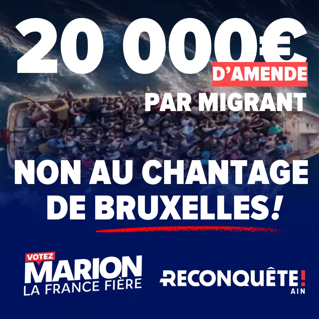 🔴 Une amende de 20 000€ par migrant non accueilli : c’est la mesure scandaleuse imposée par l’UE dans le Pacte des Migrations.

L'UE est une pompe aspirante à davantage d'immigration et fait payer aux Européens ses politiques immigrationnistes.

#VotezMarion