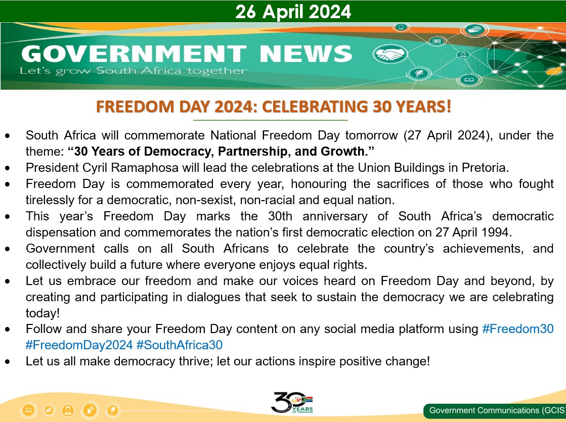 South Africa will commemorate National Freedom Day tomorrow (27 April 2024), under the theme: “30 Years of Democracy, Partnership, and Growth.” @SportArtsCultur @GovernmentZA #FreedomDay2024 #Freedom30 #SouthAfrica30