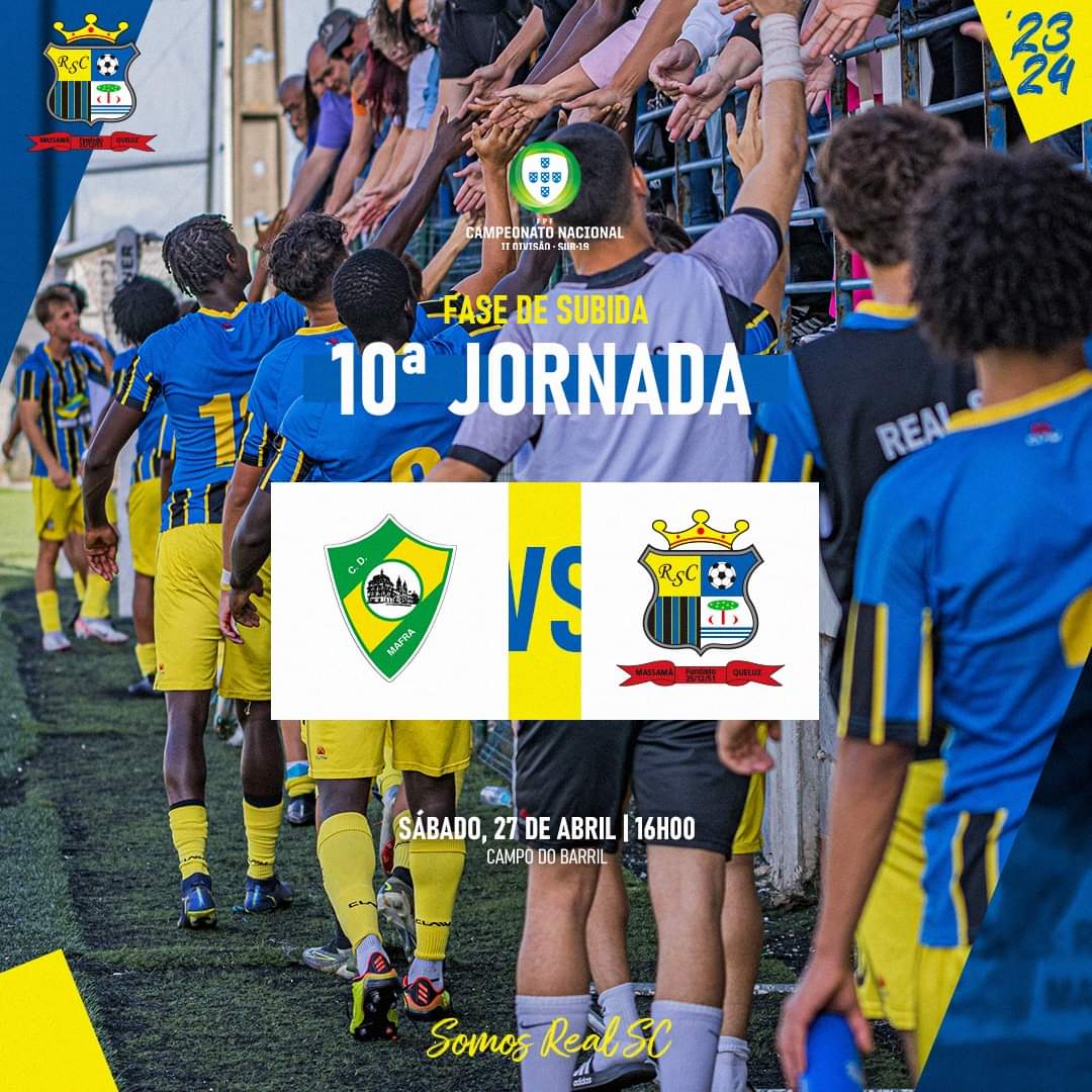 RealSportClube3's tweet photo. A derradeira jornada para a nossa equipa de Sub-19, 𝗖𝗵𝗲𝗴𝗼𝘂  🏆⚽

🆚 CD Mafra
🏟️ Campo do Barril
📆 27/04
⏰ 16h00

Toda a família #RealSC acredita em vocês, vamos! 💪

#RealSC #SomosReal #Futebol #FutebolFormacao https://t.co/ryR2T3DTyz
