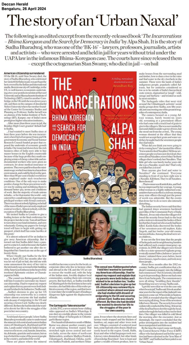 ‘After more than three years in jail, the Bombay High Court granted ‘default bail’ to Sudha Bharadwaj…’

Read more about the life of the acclaimed activist—incarcerated among the #BK16—in this excerpt from @alpashah001’s #TheIncarcerations: deccanherald.com/opinion/the-st…