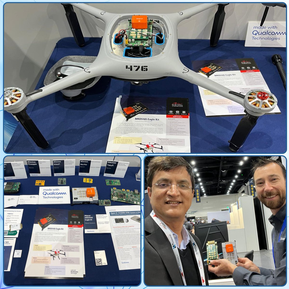 Mistral showcased its #EdgeComputing platform and Aerial Robot Controller for #AutonomousFlyingSystems at XPONENTIAL 2024, the technology event for #autonomy. The MRD5165 Eagle Kit and Edge AI box, built around Qualcomm QRB565 SoC, were displayed in the @Qualcomm and Sony Booths.