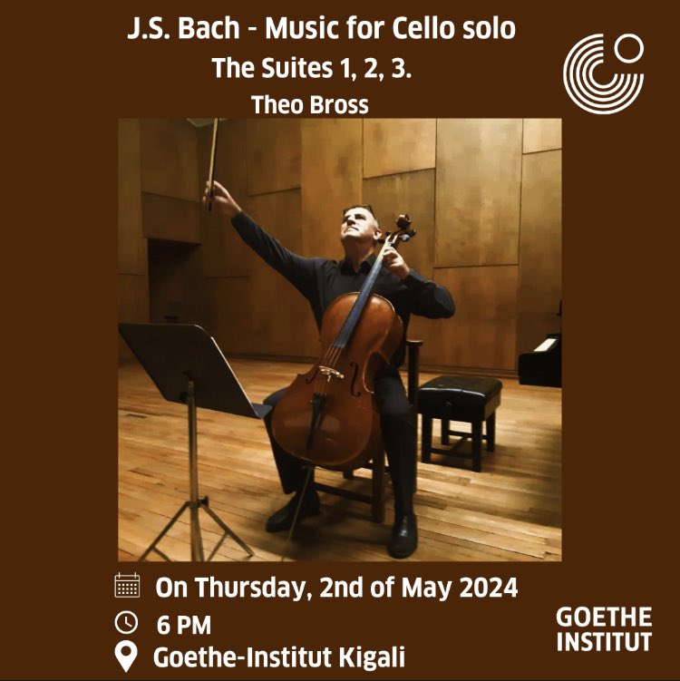 Join us as Theo Bross, a German cellist based in Kigali, brings Bach’s timeless melodies to life. Join us for enchanting classical music featuring Bach's iconic Suites No. 1, 2, and 3 for Unaccompanied Cello. ⏱️Thursday, 02.05.2024, 6 PM 📍Goethe-Institut Kigali. 🎫Free entry!