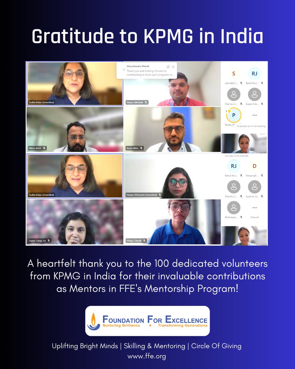 Gratitude to KPMG India Volunteers! A heartfelt thank you to the 100 dedicated volunteers of KPMG In India for their invaluable contributions as Mentors in FFE's Mentorship Program!

#KPMGMentors #FFEMentorshipProgram #GuidingFutureLeaders #CareerReadiness #GratitudePost