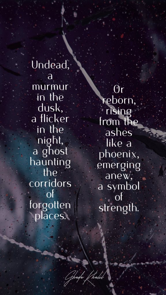 Undead or Reborn?

Full poem on Instagram (@brushandpentales)

#amwriting #author #AuthorsOfTwitter #authorlife #authorquotes #blog #blogger #book #literature #writer #writing #writerscommunity #poetrytwitter #poetry #poet #prose #poem
