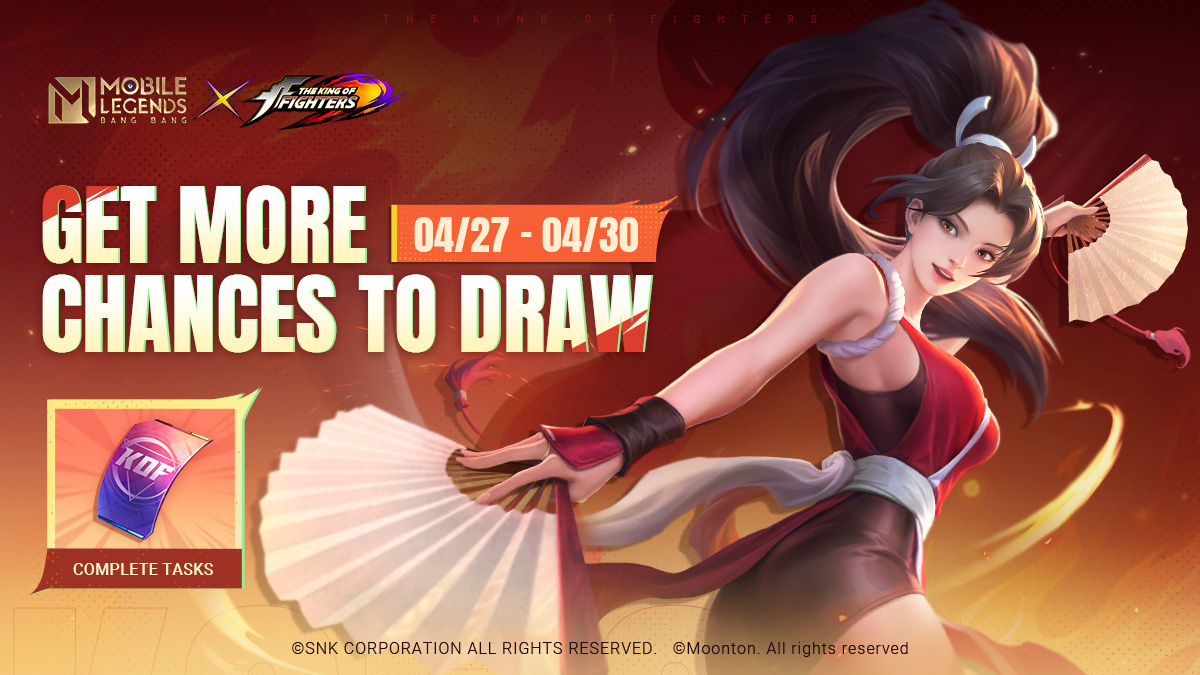 From 04/27 to 04/30, complete tasks to get draw tokens and use them in the MLBB × KOF '97 draw event for a chance to get exclusive skins like Masha 'Mai Shiranui', Valir 'Kyo Kusanagi' and other exclusive items! #MobileLegendsBangBang #MLBBNEWSKIN #MLBBxKOF97