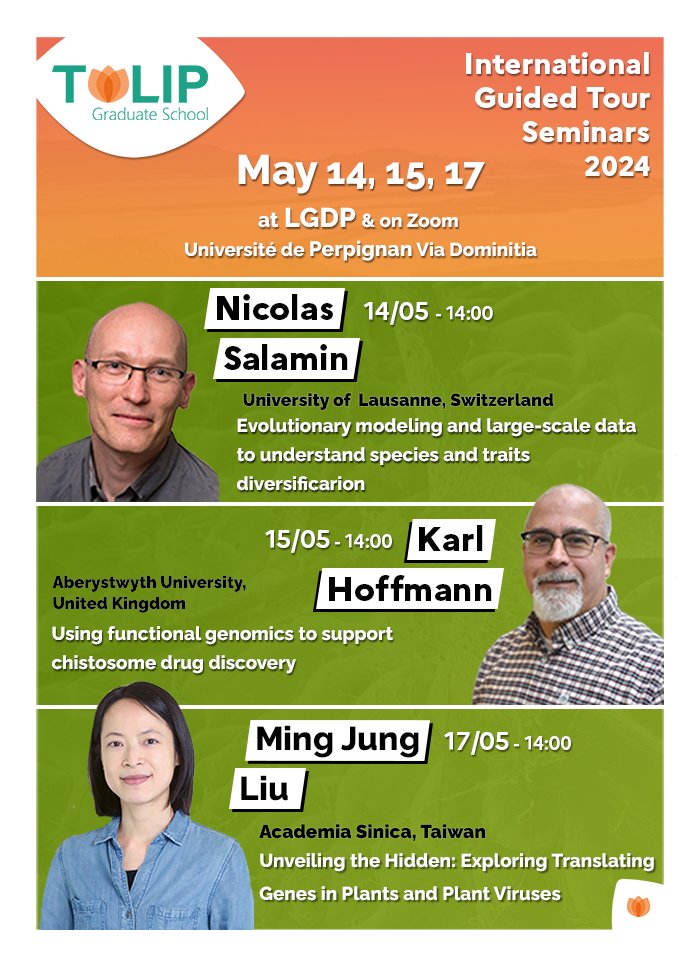 May 14, 15, 17🗓️ International Guided Tour of the TULIP Functional Biology and Evolutionary Ecology Master 3 invited researchers will lead a series of seminars at @upvd1 Nicolas Salamin - 14/05, 2pm Karl Hoffmann - 15/05, 2pm Ming-Jung Liu - 17/05, 2pm labex-tulip.fr/internet6_nati…