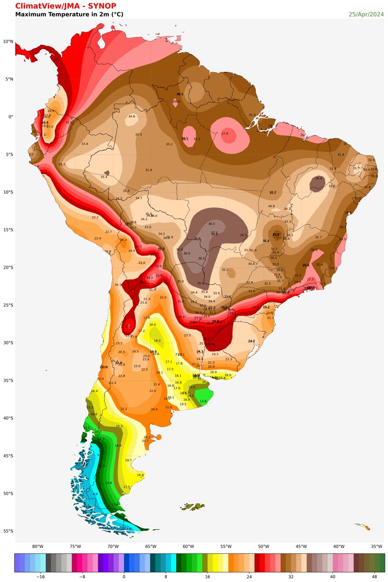 Temperaturas Mínima e Máxima registrada ontem (25/04) na América do Sul, com dados da rede SYNOP. Dados processados em #Python.