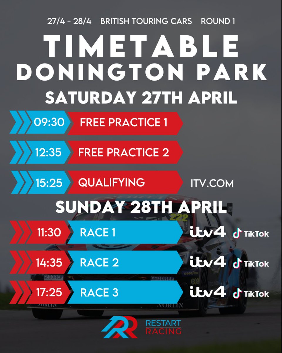 Here are the all-important times for this weekend's BTCC action at Donington Park！

Who is going to be joining us and who is going to be watching from the sofa? 

#WeAreRestart #RestartRacing #RaceWeekend