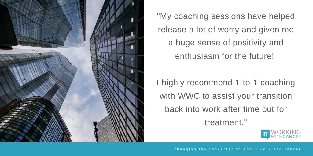 Are you returning to work after a cancer diagnosis? We know that for many people it can feel daunting. We offer 1:1 coaching to help support you make the transition back into the workplace so you don't have to feel alone. Get in touch today. #canceratwork #workingwithcancer