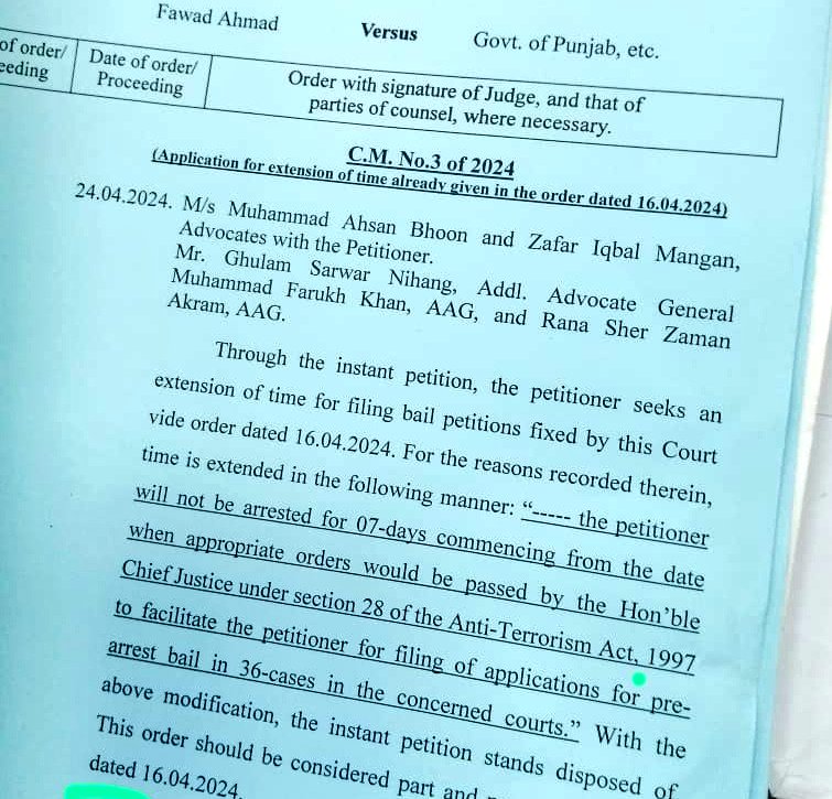 لاہور ہائیکورٹ نے فواد چوہدری کی 36 کیسز میں درخواست ضمانت پر تحریری حکم جاری کردیا فواد چوہدری کو گرفتار نہ کرنے کی تاریخ چیف جسٹس کے آرڈر کے دن سے شروع ہوگی، تحریری فیصلہ