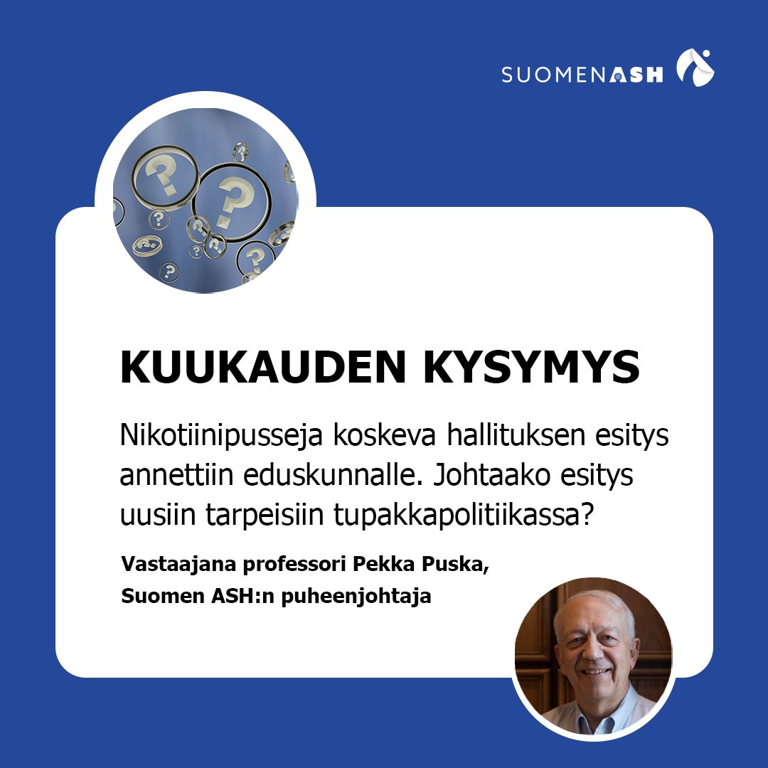 ❓ Mitä mieltä professori @PekkaPuska1 on hallituksen nikotiinipusseja koskevasta esityksestä? Mikä esityksessä on hyvää ja mitä tulisi korjata? Katso video 👉suomenash.fi/kuukauden-kysy… #tupakkalaki #nikotiinipussit #KuukaudenKysymys