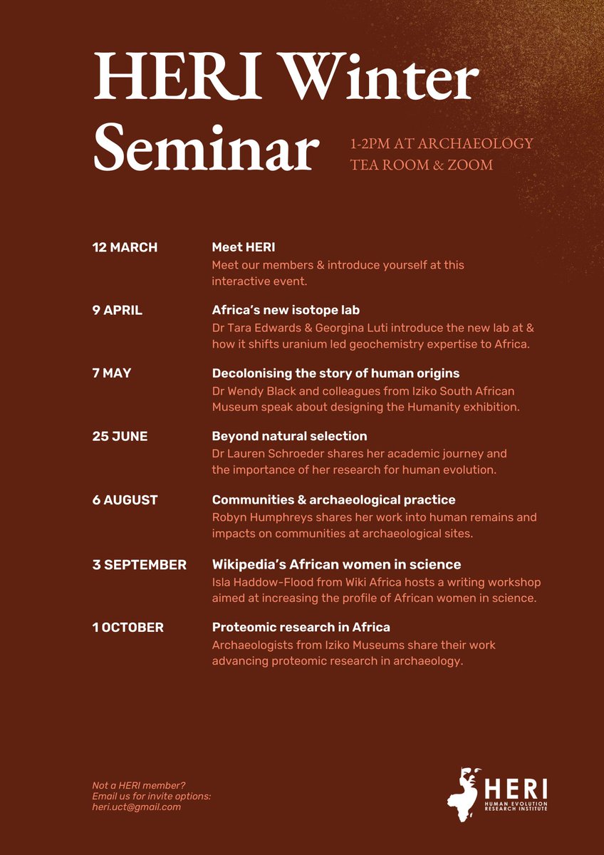 HERI's Winter Seminar is back tomorrow with a session on decolonising the story of human origins.

We're joined by Dr Wendy Black &amp; colleagues from <a href="/Iziko_Museums/">Iziko_Museums</a> who we collaborated with for the Humanity exhibition (now on in #CapeTown!).

Tuesday 7 May at 1300 - Details 👇🏾