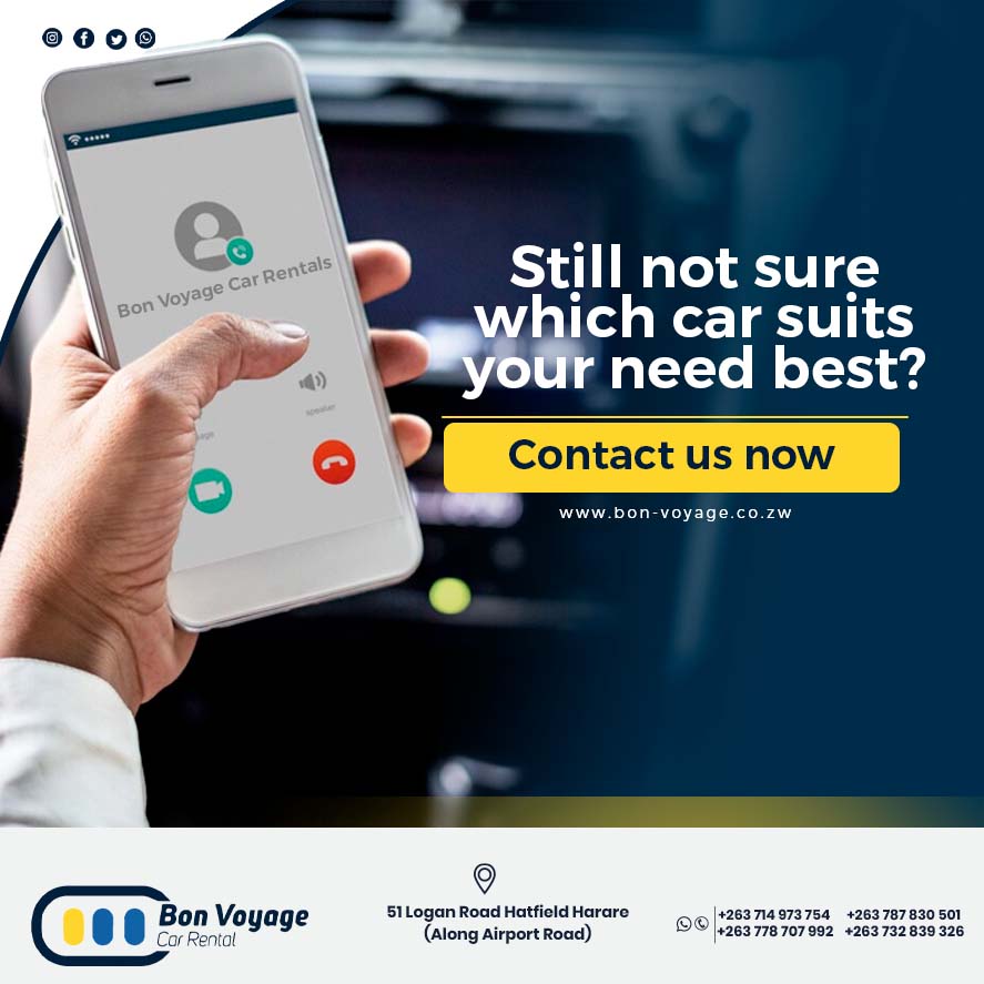 Choose the car which suits you the best.
#hireacarzimbabwe
#bonvoyagecarrental
bon-voyage.co.zw