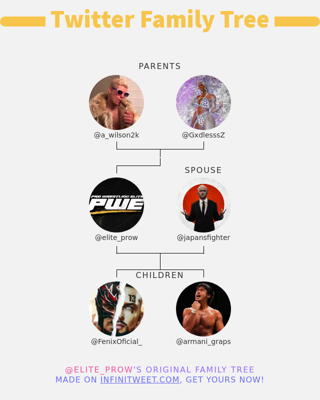 👨‍👩‍👧‍👦 My Twitter Family:
👫 Parents: <a href="/a_wilson2k/">✮🇦🇺𝐓𝐡𝐞 𝐃𝐢𝐯𝐢𝐧𝐞 𝐀𝐫𝐜𝐡𝐚𝐧𝐠𝐞𝐥🇦🇺✮</a> <a href="/GxdlesssZ/">Z A I A</a>
👰 Spouse: <a href="/japansfighter/">𝒀𝒐𝒔𝒉𝒊 𝑵𝒂𝒌𝒂𝒎𝒖𝒓𝒂</a>
👶 Children: <a href="/FenixOficial_/">REY DE LUCHA</a> <a href="/armani_graps/">𝑬𝒏𝒛𝒐 𝑨𝒓𝒎𝒂𝒏𝒊</a>

➡️ infinitytweet.me/family-tree