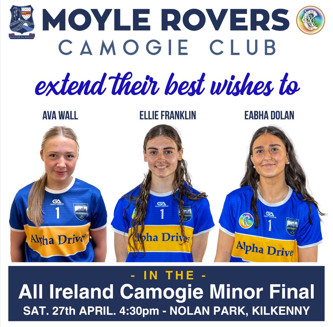Very best wishes to the Minor Camogie panel, the team management and all involved especially our girls Ellie, Eabha and Ava in tomorrow’s All Ireland Camogie Minor A Final against Waterford. 🤞🤞🩵💙 Get your tickets online.