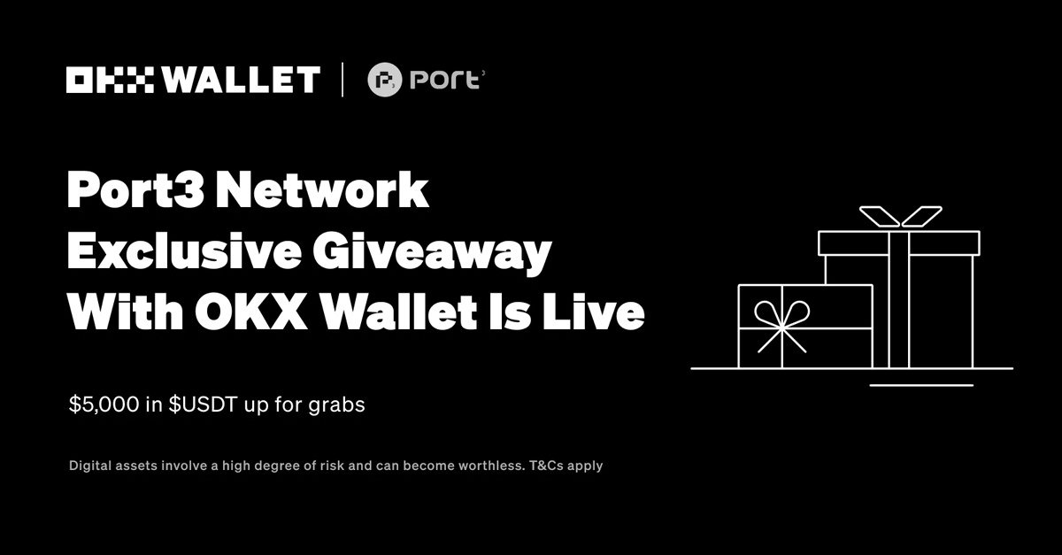 @okxweb3 X @Port3Network 

5,000 USDT Giveaway⚫️⚪️ 

Check out our latest campaign on #OKXWallet 

📱 OKX App:  Wallet > More > Web3 Giveaway
🖥 Desktop: okx.com/web3/giveaway

Start now👇
app.galxe.com/quest/OKXWEB3/…

$PORT3 #PORT3