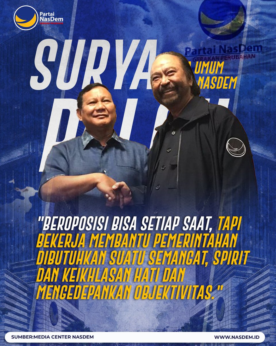 Beroposisi bisa setiap saat, tapi bekerja membantu pemerintahan itu dibutuhkan suatu semangat, spirit, dan keikhlasan hati dan mengedepankan objektivitas. Hal tersebut disampaikan langsung oleh Ketua Umum Partai NasDem Surya Paloh saat mengunjungi kediaman presiden terpilih…