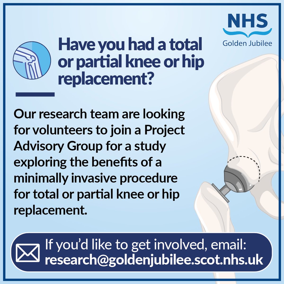 📣 Have you had a total or partial knee or hip replacement? Our Research team needs you! By working with our team, you will have the opportunity to contribute to the future of patient care. 📧 Contact research@goldenjubilee.scot.nhs.uk for more information.