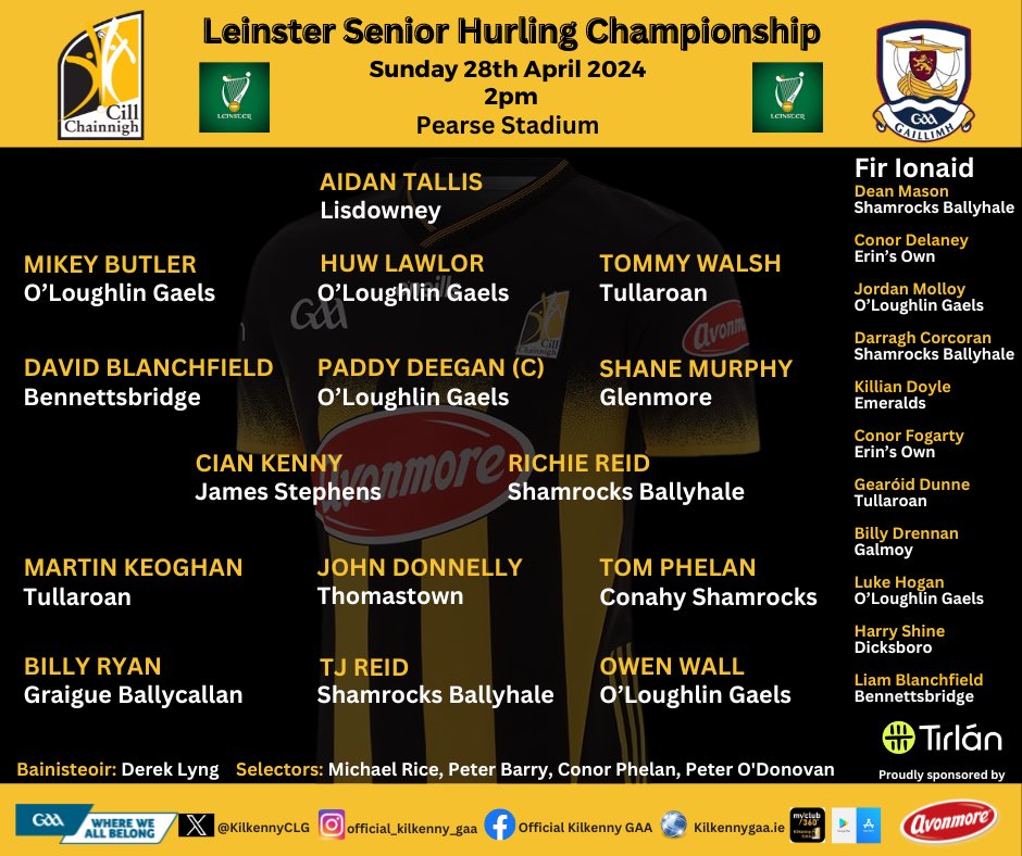 Derek Lyng & his selectors have named the Kilkenny team to play Galway in round 2 of the @gaaleinster Senior Hurling Championship. 🗓️ Sunday 28th April 🕛 2pm 📍 Pearse Stadium Advance ticket sales only at selected Supervalu or Centra stores or ⬇️ ticketmaster.ie/leinster-senio……