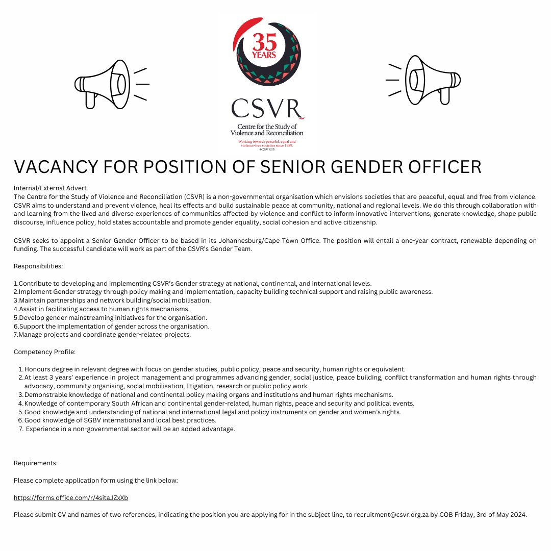 We are #Hiring!!! 📢📢📢 CSVR seeks appoint a Senior Gender Officer to be based in our Johannesburg Offices. Submit CV to: recruitment@csvr.org.za and complete the application form. 🗓️Closing date: 03 May 2024 forms.office.com/r/4sitaJZxXb #JobSeekersSA