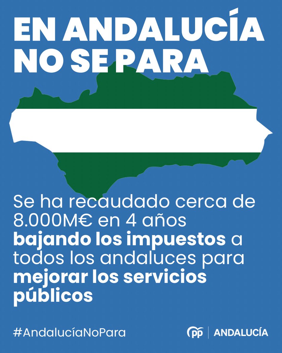 Crece la recaudación en Andalucía bajando los impuestos a todos los andaluces. 8.000M€ para mejorar los servicios públicos. #AndalucíaNoPara