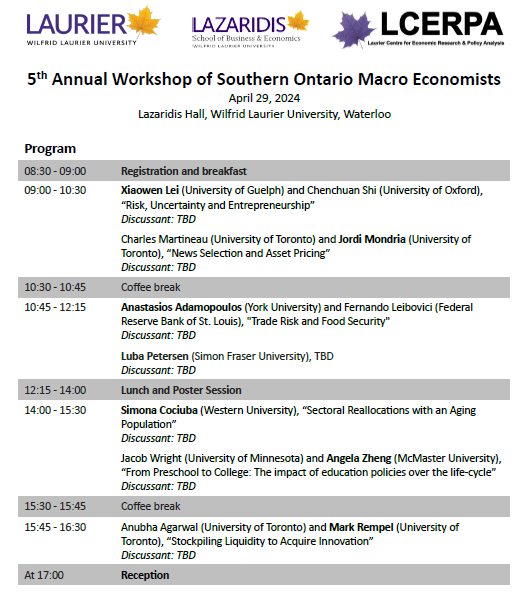 5th Annual Workshop of Southern Ontario Macro Economists on Monday, April 29th. Looking forward to this great lineup of speakers.

Register here: sites.google.com/view/awsome202…

@LazaridisSchool @LaurierResearch