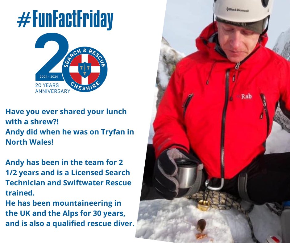 #FunFactFriday Have you ever shared your lunch with a shrew?! Andy did when he was on Tryfan in North Wales! Andy has been on the team for 2 1/2 years and is a Licensed Search Technician and Swiftwater Rescue trained. #CSARIs20 #20YearsOfCSAR #LowlandRescue