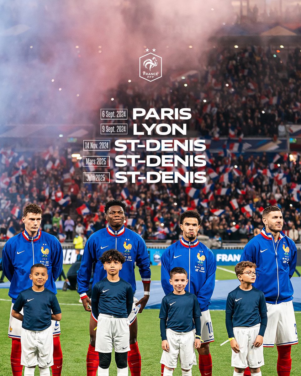 Les stades des matchs à domicile des Bleus pour la saison 2024-2025 ont été attribués 🏟️

Toutes les infos ➡️ l-fff.co/4d6Vvxk

#FiersdetreBleus