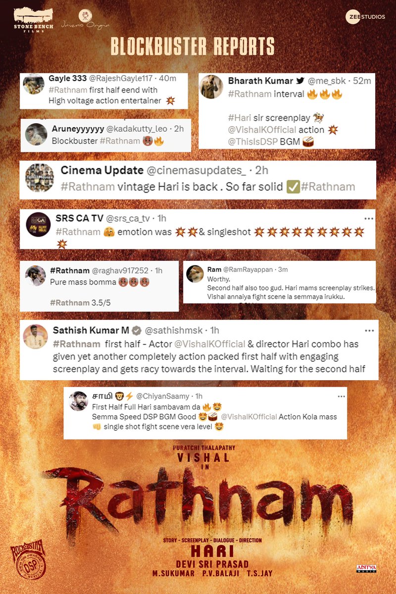 #Rathnam opens to blockbuster reports and superb WOM. Puratchi Thalapathy @VishalKOfficial's action sequences, @ThisisDSP BGM and director Hari's screenplay being loved by all ❤️ Catch it in theatres now! @stonebenchers @ZeeStudiosSouth @priya_Bshankar @mynnasukumar #TSJay…