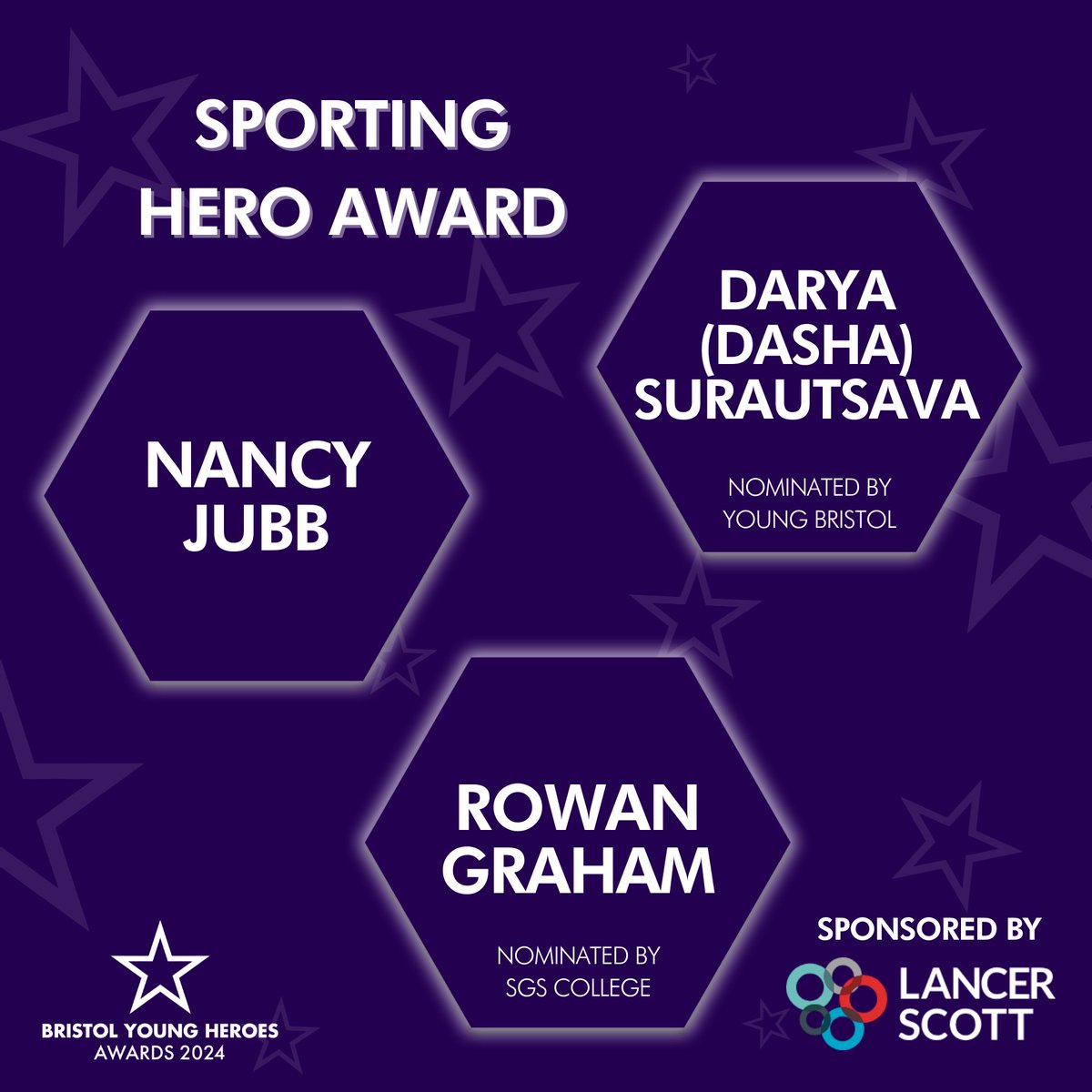 ✨Sporting Hero Award✨ Congratulations to the finalists for the Sporting Hero Award for the Bristol Young Hero Awards 2024! 🌟 Nancy Jubb 🌟 Darya (Dasha) Surautsava 🌟 Rowan Graham Good luck 🤞 Thank you to @LancerScottLtd for sponsoring the Sporting Hero Award 🙏