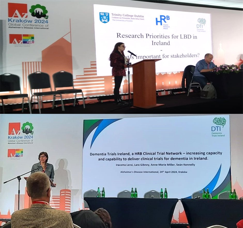 Putting the spotlight on the need for increased trial opportunities for those living with dementia and research priorities for Lewy Body Dementia: Iracema Leroi (DTI Lead) and Rachel Fitzpatrick (DTI ECR) at ADI Krakow this week #ADI2024 @hrbireland @drnire @IrinaKinchin