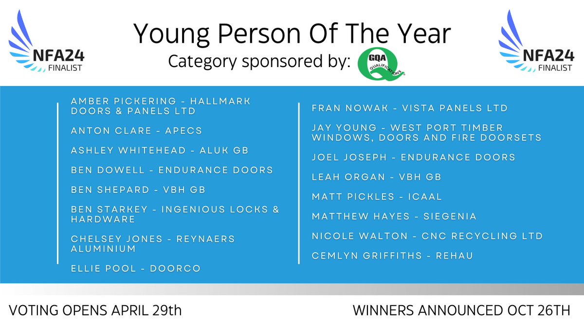 National Fenestration Awards (@natfenawards) on Twitter photo Your #NFA24 Young Person Of The Year finalists: Fran Nowak-<a href="/VistaPanelsLtd/">Vista Panels Ltd</a> Jay Young-West Port Timber Windows Joel Joseph-@EnduranceDoors Leah Organ-<a href="/VBHGB/">VBH (GB) Ltd</a> Matt Pickles-<a href="/ICAAL_UK/">ICAAL</a> Matthew Hayes-<a href="/SIEGENIA_GROUP/">SIEGENIA GROUP</a> Nicole Walton-CNC Recycling Ltd Cemlyn Griffiths-<a href="/REHAUWindows/">REHAU Windows UK</a> Your #NFA24 Young Person Of The Year finalists: Fran Nowak-<a href="/VistaPanelsLtd/">Vista Panels Ltd</a> Jay Young-West Port Timber Windows Joel Joseph-@EnduranceDoors Leah Organ-<a href="/VBHGB/">VBH (GB) Ltd</a> Matt Pickles-<a href="/ICAAL_UK/">ICAAL</a> Matthew Hayes-<a href="/SIEGENIA_GROUP/">SIEGENIA GROUP</a> Nicole Walton-CNC Recycling Ltd Cemlyn Griffiths-<a href="/REHAUWindows/">REHAU Windows UK</a>