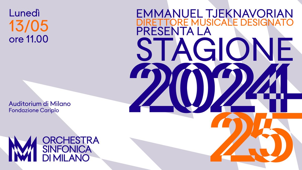 Lunedì 13 maggio ore 11 si terrà la Conferenza Stampa di presentazione della Stagione 2024/25 dell'Orchestra Sinfonica di Milano. Ai saluti istituzionali seguirà l'esposizione della programmazione del Direttore Musicale Designato Emmanuel Tjeknavorian 👉 bit.ly/3QfcZO7