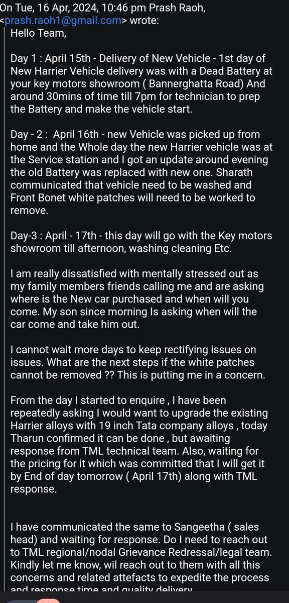 PrashRaoh13's tweet photo. @TataMotors_Cars @TataMotors #tatamotors #vinodkulkarnitatamotors #keymotors - Very Bad Experince with New Tata Harrier Top end with Key Motors Bannerghatta Road- Bangalore https://t.co/iv5zmPfr09