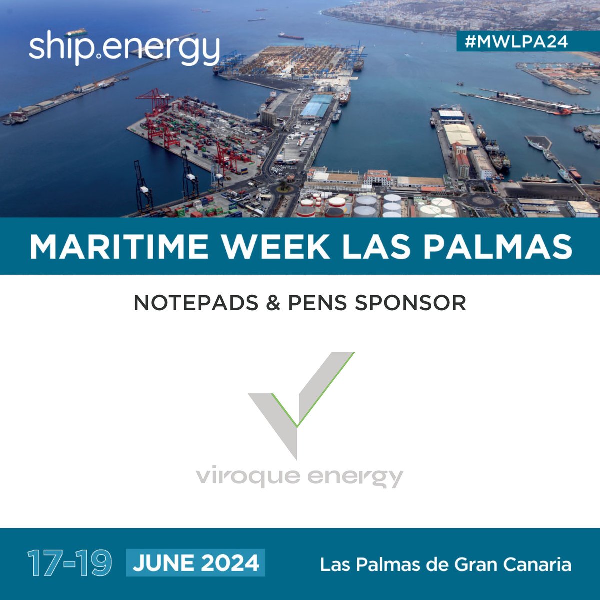 We are delighted to announce Viroque Energy Portugal as Notepads and Pens Sponsors for Maritime Week Las Palmas taking place in Gran Canaria 17-19 June 2024. Programme ➔ lnkd.in/eNdsq85U Register ➔ lnkd.in/e37BnMSb #MWLPA24 #LasPalmas #GranCanaria #Shipping