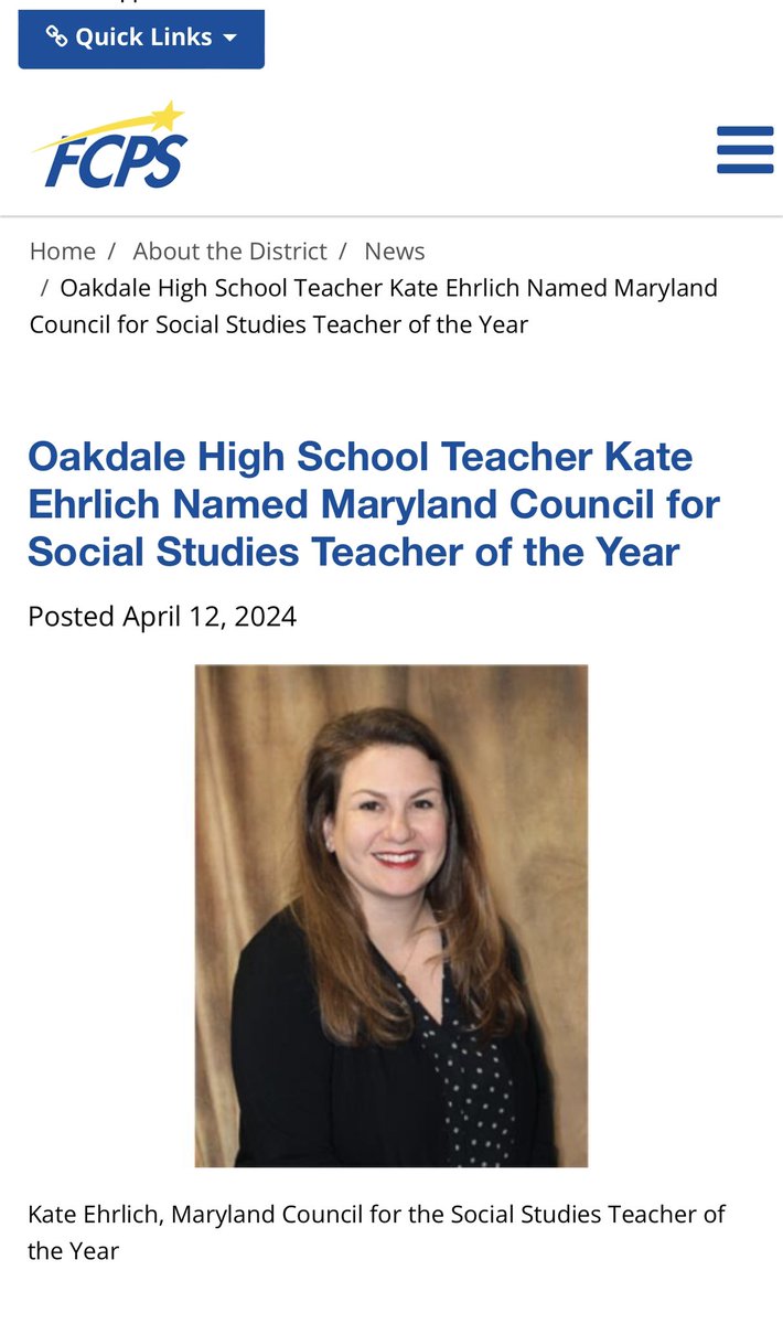 We are so proud of our Institute Educator Ambassador, Kate Ehrlich! @FCPSMaryland Social Studies Teacher of the Year! #teacher #truth