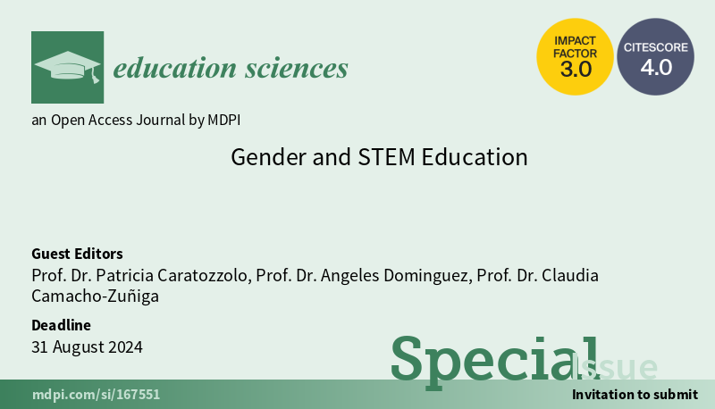 #EducationSciencesMDPI invites you to submit a paper to the special issue 'Gender and STEM Education'. Deadline for manuscript submissions: 31 August 2024. More information: mdpi.com/journal/educat… #callforpapers #Gender #STEMEducation #openaccess