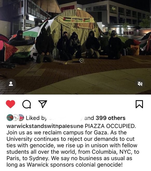 Warwick University students in the UK have established an encampment in solidarity with Gaza. “We rise up in unison with fellow students all over the world!” #WesternCrimesAgainstHumanity