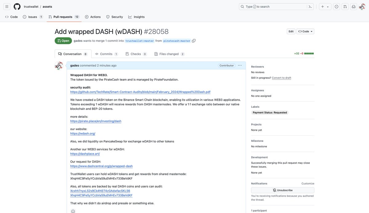 wdash_org's tweet photo. We did pull request for adding our token to #TrustWallet (it's paid listing) https://t.co/8I572bcgPL