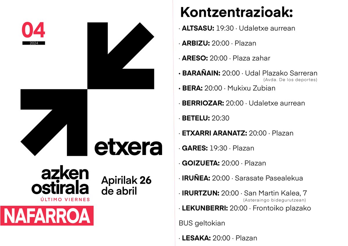 HOY 26 de abril #AzkenOstirala (último viernes del mes) nos concentraremos junto con Etxerat Elkartea en diferentes plazas de Euskal Herria. 🖍️#Lapurdi, #Nafarroa Garaia Euskal preso, iheslari eta deportatuak #etxera! ↗↙