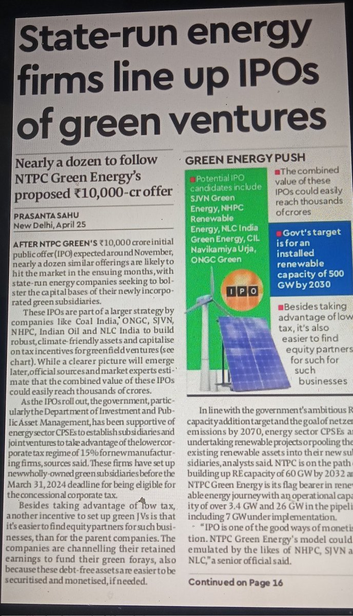 Mor than 6 psu line up in IPO of the renewal energy 

Already big NTPC Green energy IPO in number

✍️#Ntpc green
✍️#SJVN green energy
✍️ #NHPC renewable energy
✍️#NLC india RE
✍️#Ongc green