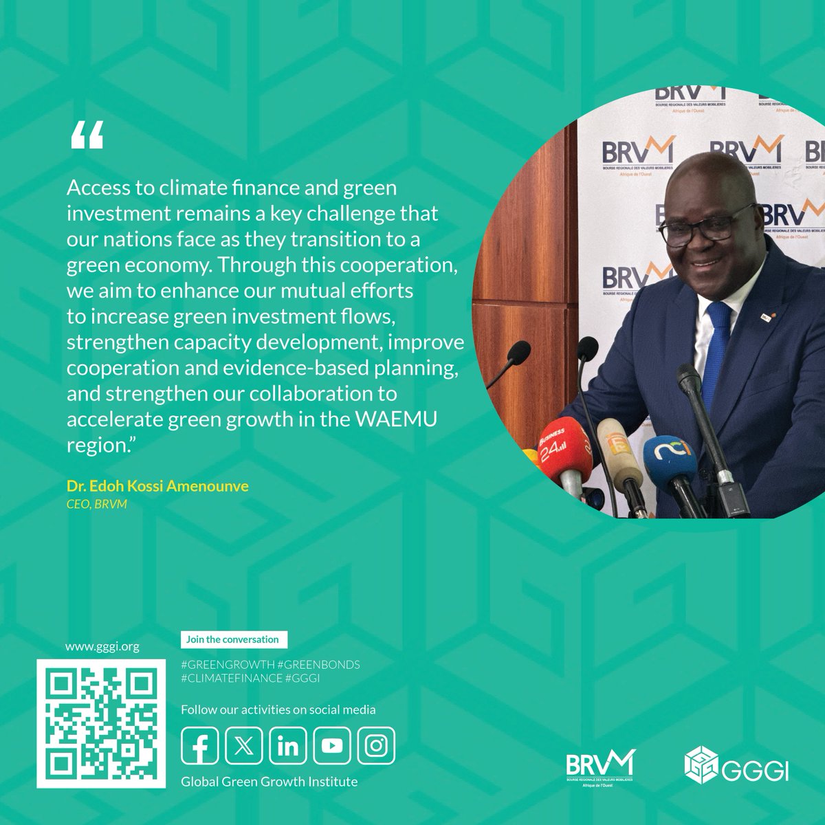 Our partnership with @BRVM_UEMOA  provides a framework for collaboration in line with the #SustainableDevelopment goals& #ParisAgreement on #climatechange. Together we will develop tailored awareness &education programs +an ‘Accelerator Program’ on #greenBonds.(1/5)
#GreenGrowth