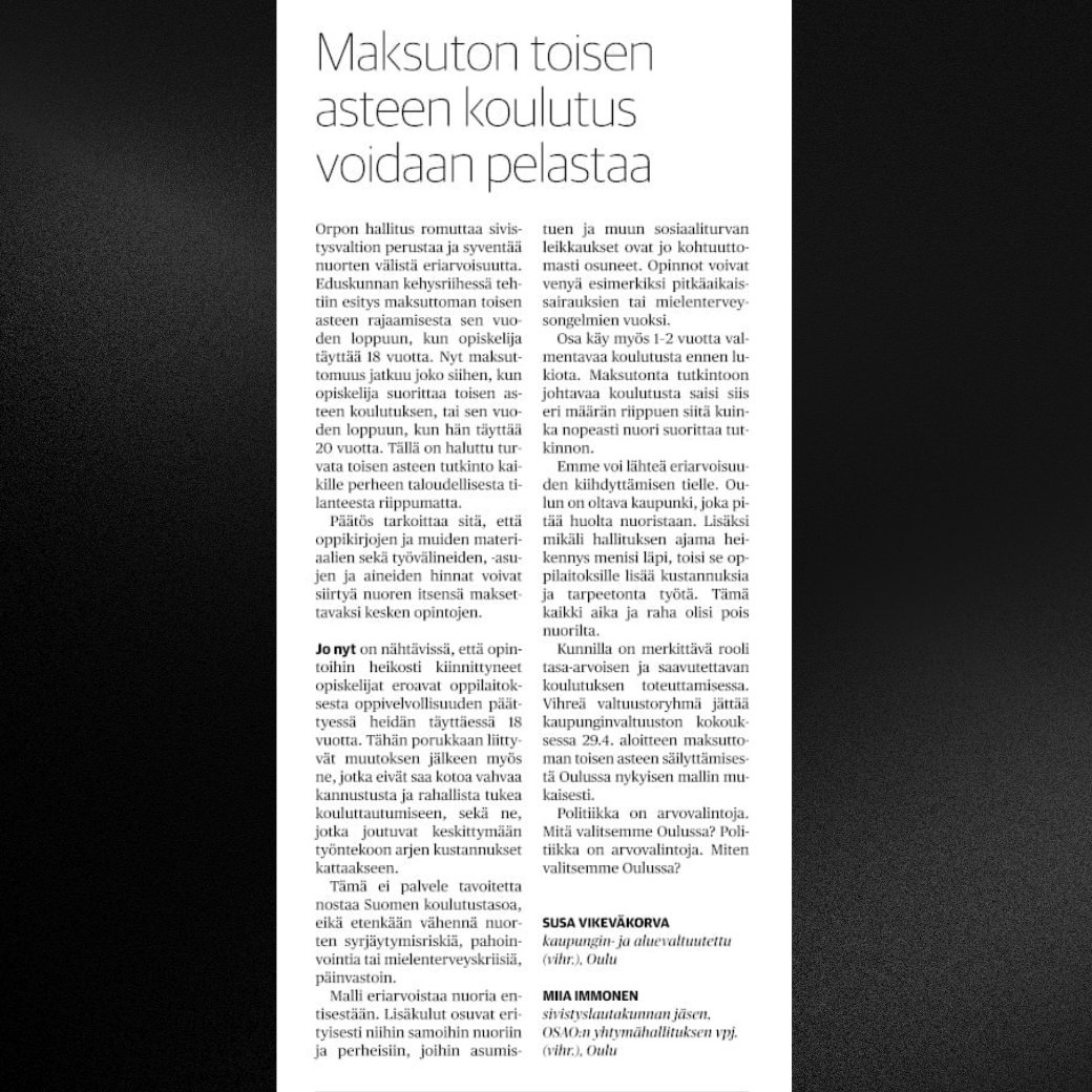 Kirjoitettiin superin Miia Immosen kanssa mielipide Kalevaan - Maksuton toisen asteen koulutus voidaan pelastaa Oulussa! 

#Vihreät #VihreätOulussa #Koulutus #Sivistys