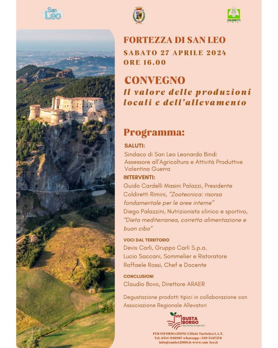 ComunediSanLeo's tweet photo. #GoodNews Domani, sabato 27 aprile ore 16.00 presso la Fortezza di #SanLeo si svolgerà il convegno "Il valore delle produzioni locali" #avantinsieme @leonardo_bindi https://t.co/7MIPgqoMss