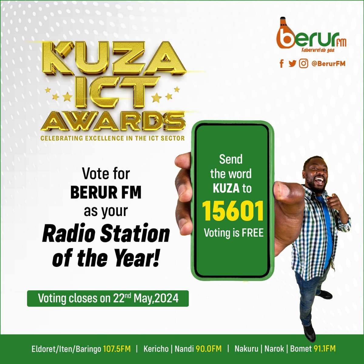 🎙️ Dial Up the Excitement! 🎙️ Berur FM is in the spotlight with a nomination for the prestigious KUZA ICT Awards! 🏅 Your vote is our key to becoming Radio Station of the Year! Text 'KUZA' to 15601 or click kuzaawards.co.ke. #KuzaICTAwards