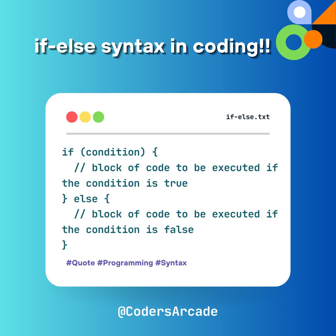 CodersArcade's tweet image. 👀 Explore the if-else syntax in coding: if (condition) { // Code to execute if condition is true } else { // Code to execute if condition is false } Master this fundamental concept for better code organization and logic! #CodingTips #IfElseSyntax
